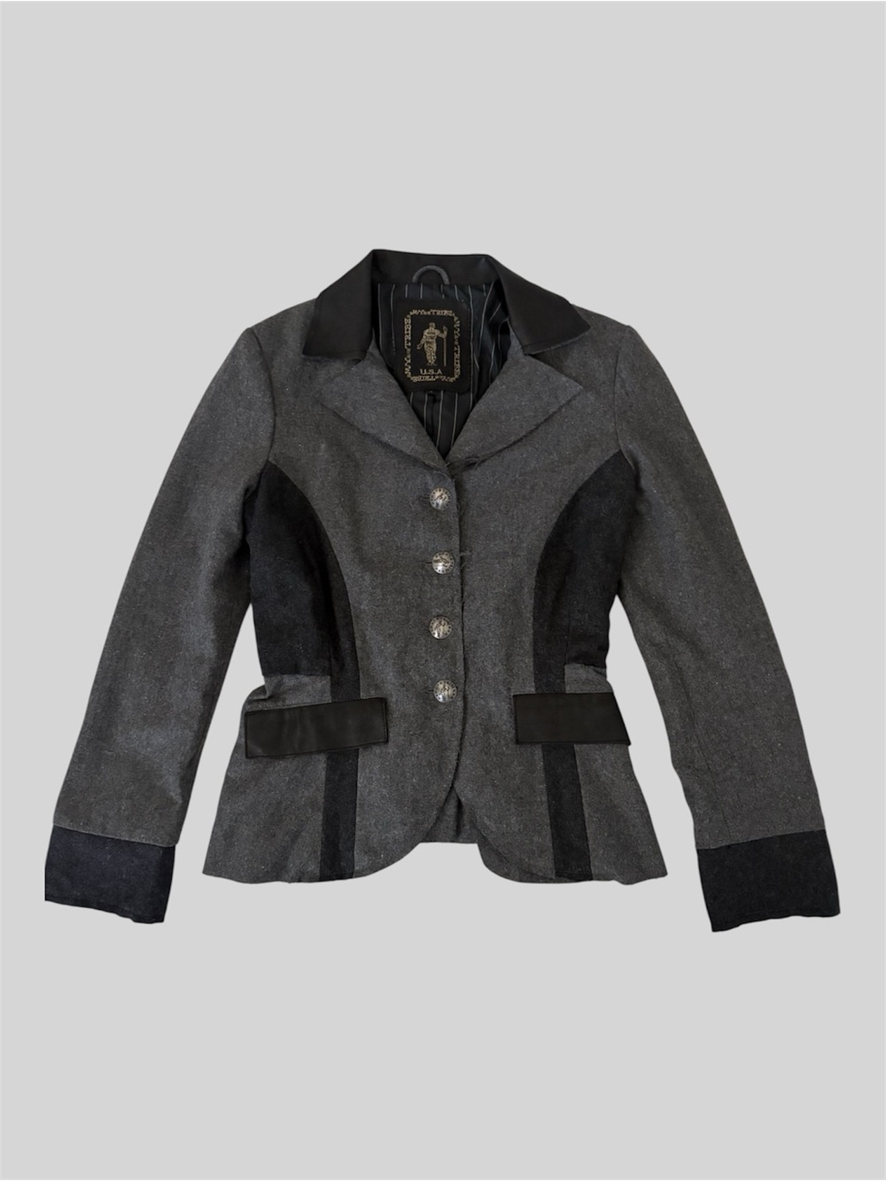 My Tribe Mixed Media Wool Leather Fitted Equestrian Style Jacket S Charcoal